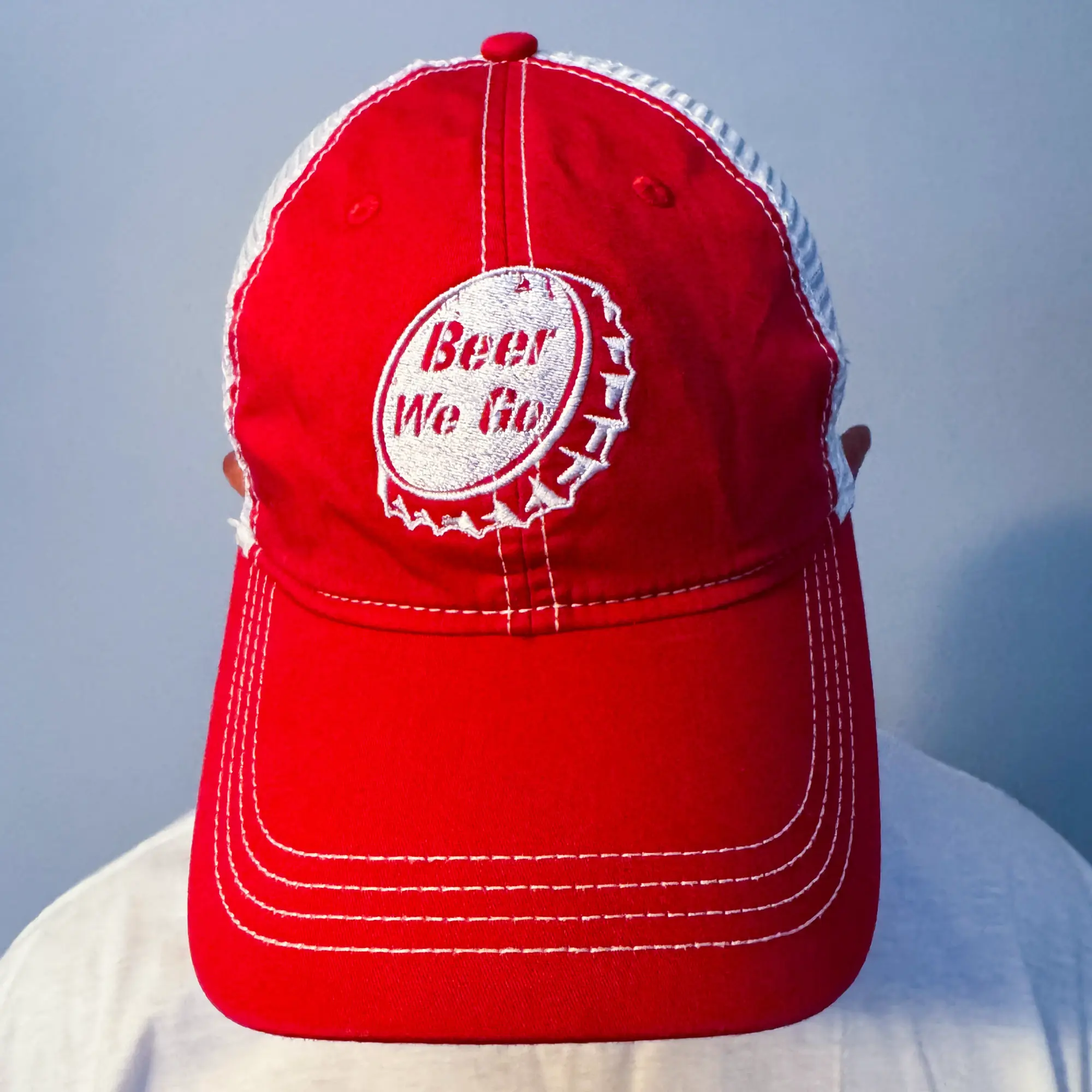 Bottle Cap Mesh Back Baseball Cap - White on Red