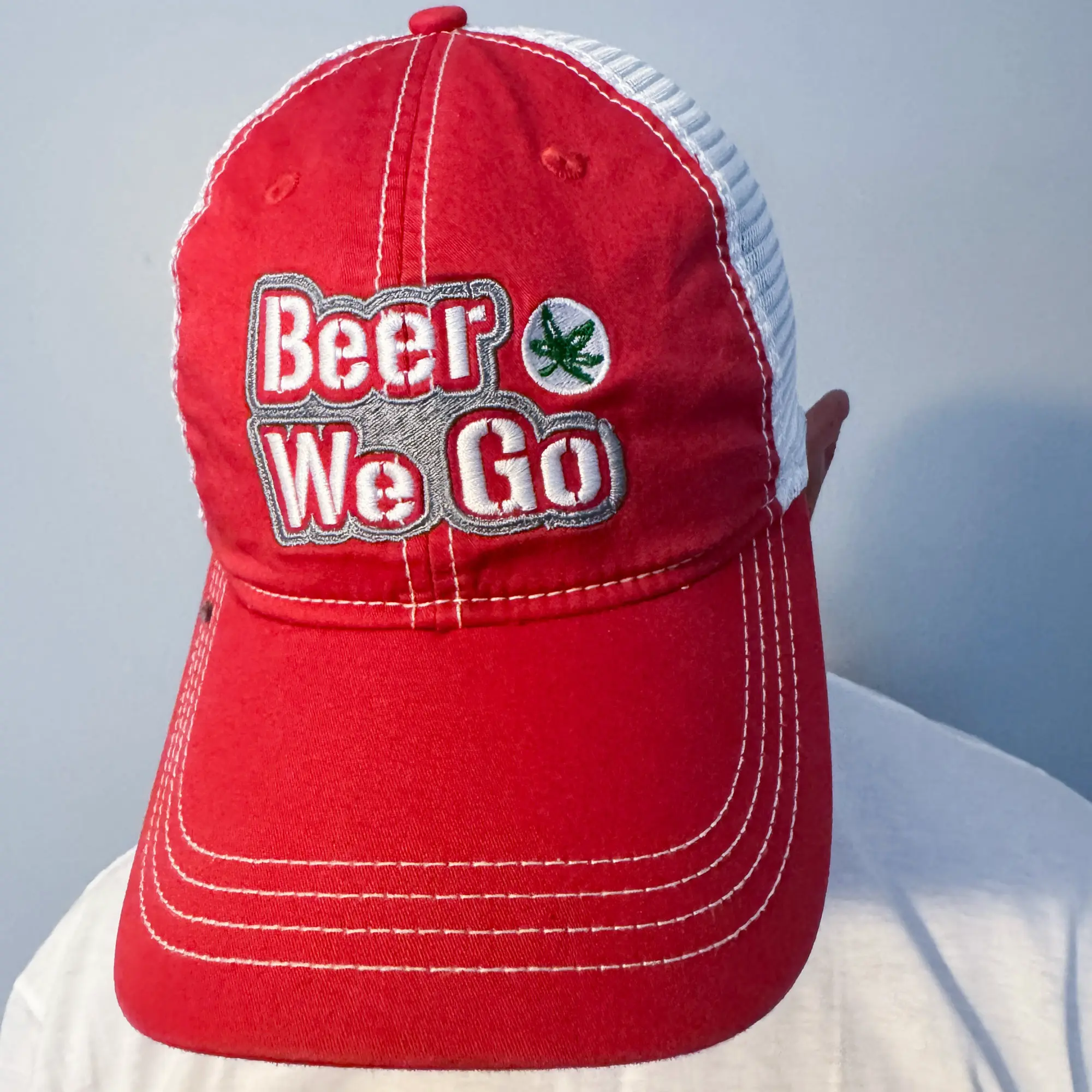 Beer We Go® Buckeye Mesh Back Baseball Cap - White/Silver on Red